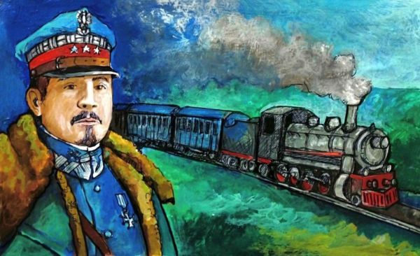 obrazek przedstawia generała a w tle nadjeżdżający pociąg