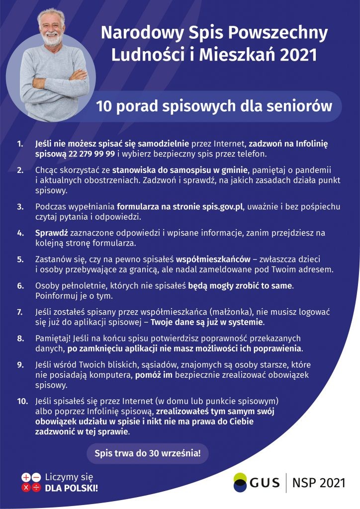 plakat ze zdjęciem seniora i opisanymi 10 poradami dla seniora w sprawie spisu powszechnego