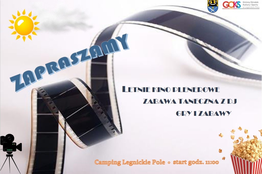 plakat przedstawiający taśmę z kamery, popcorn, kamerę, słońce i napis zapraszamy