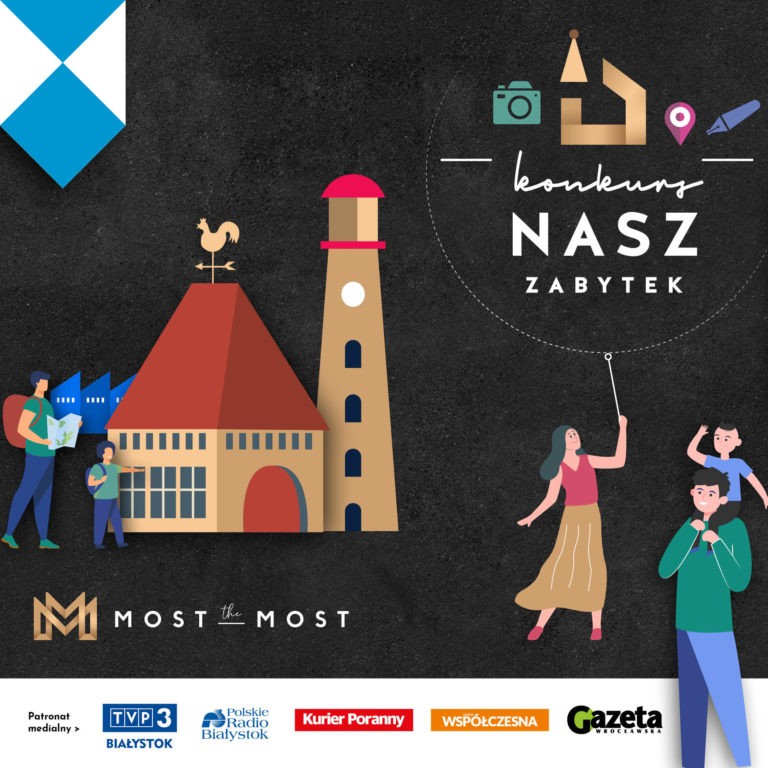 plakat konkursowy przedstawiający ludzi i zabytkowy budynek